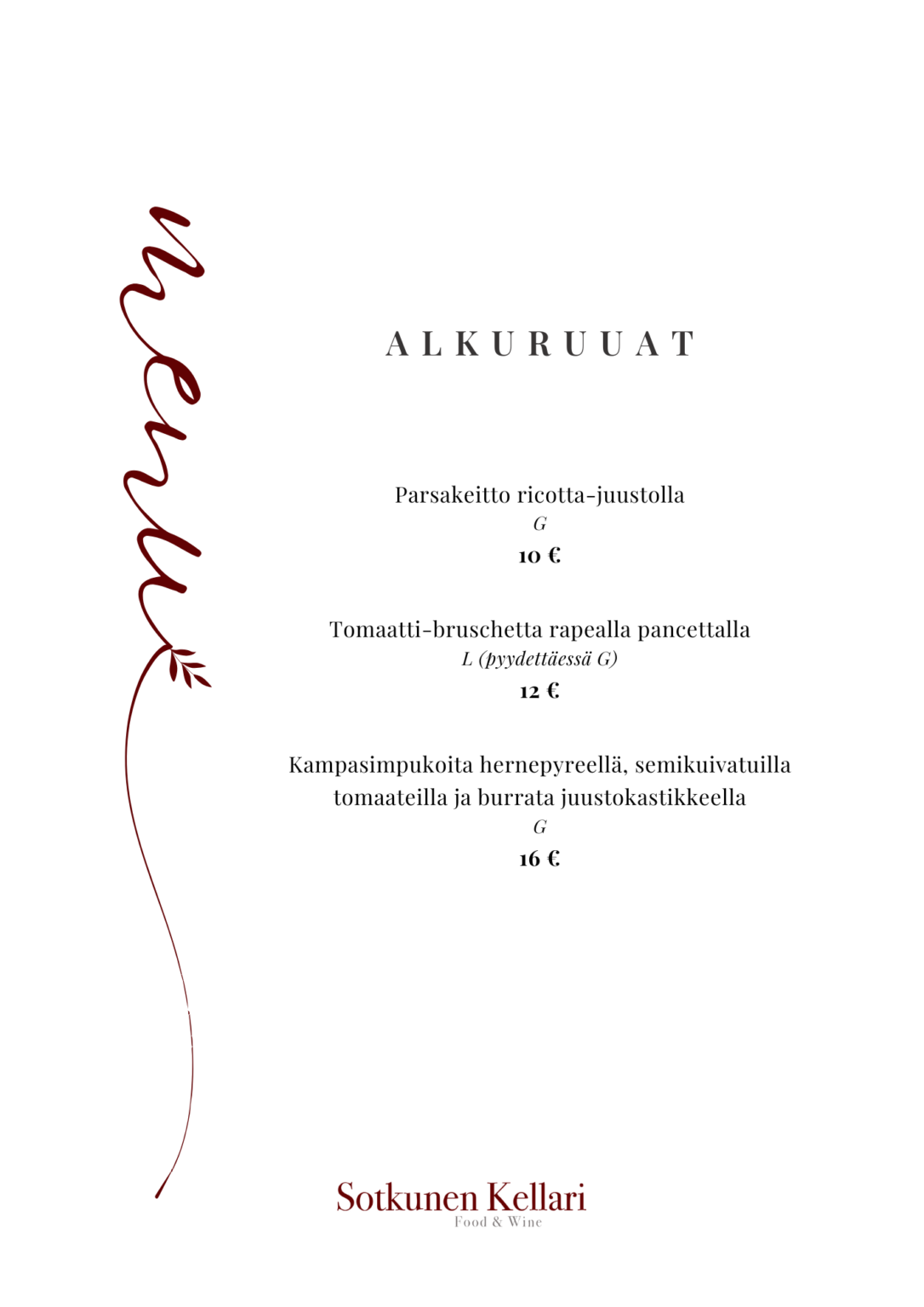 Menu Sotkunen Kellari